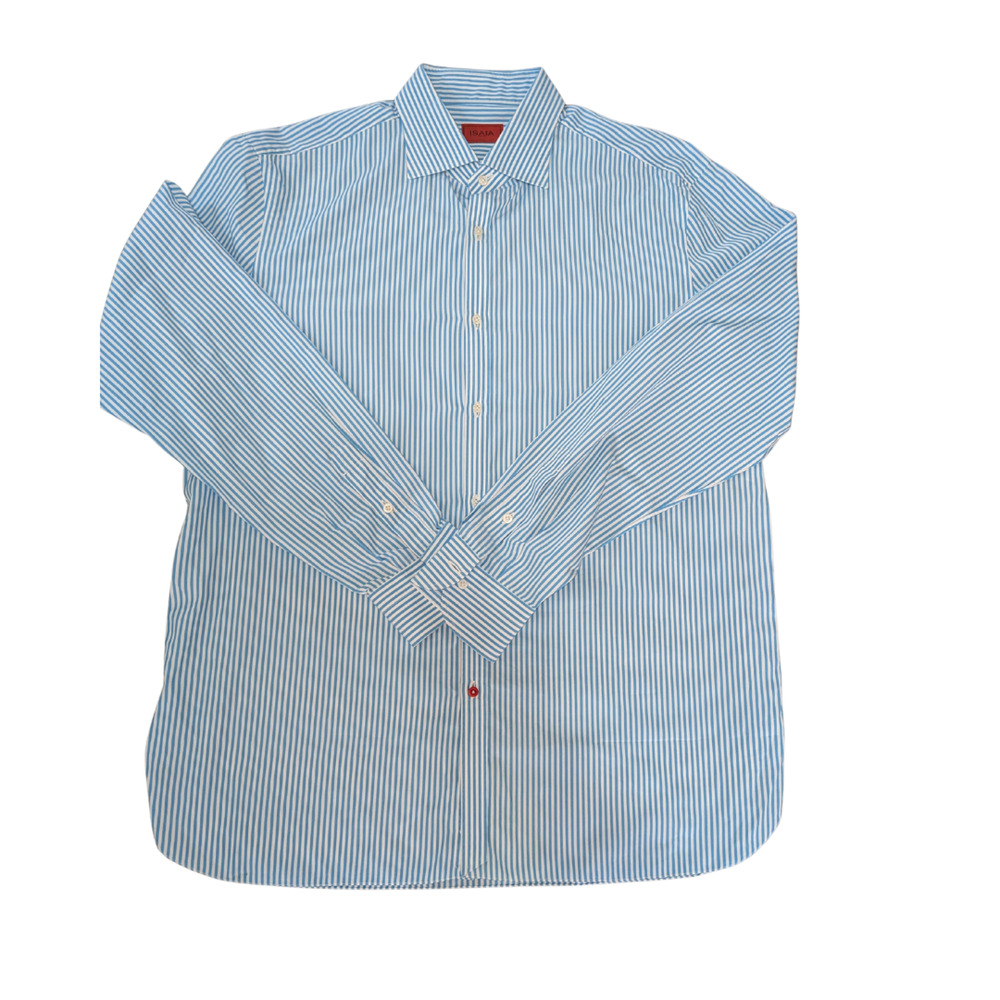 Isaia Napoli 45/18 Blue White Stripe Dress Shirt Mens XL Made In Italy 100% Cott